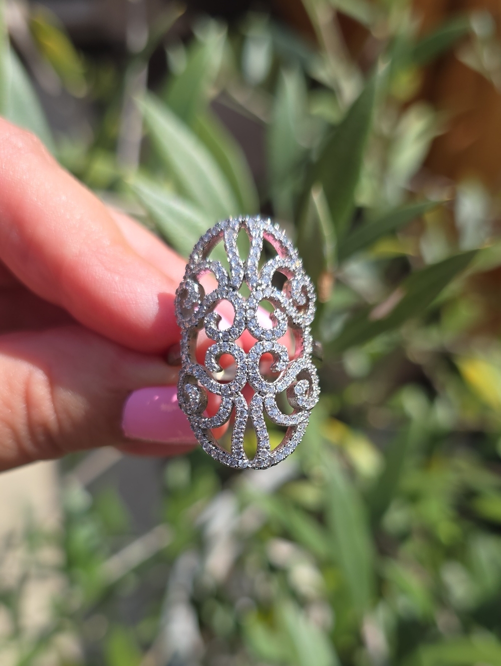 Silver Filigree Oval Openwork Ring with Pavé Sparkle